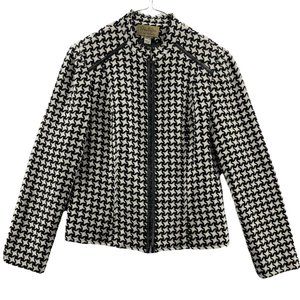 Boutique Essentials Womens Jacket Coat White Black Houndstooth Zip Wool Blend 4‎